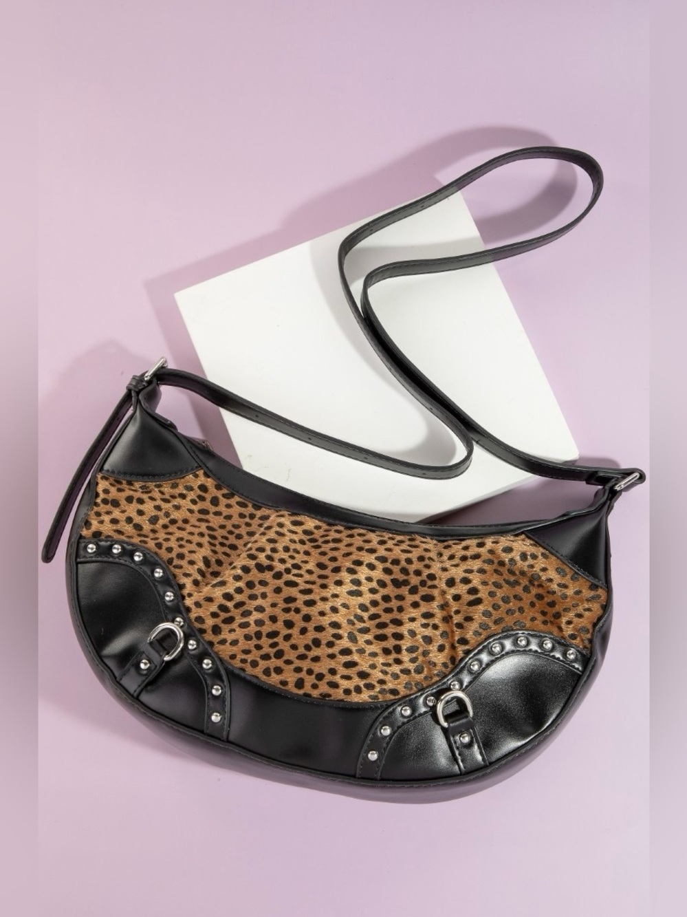 Fame Dark Spotted Leopard Print Half Moon Shoulder Bag